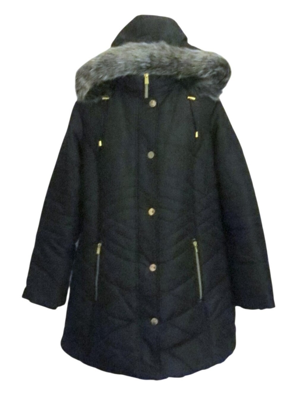 Women's Plus Black Quilted Coat with Faux Fur Trim Removable Hood  1X